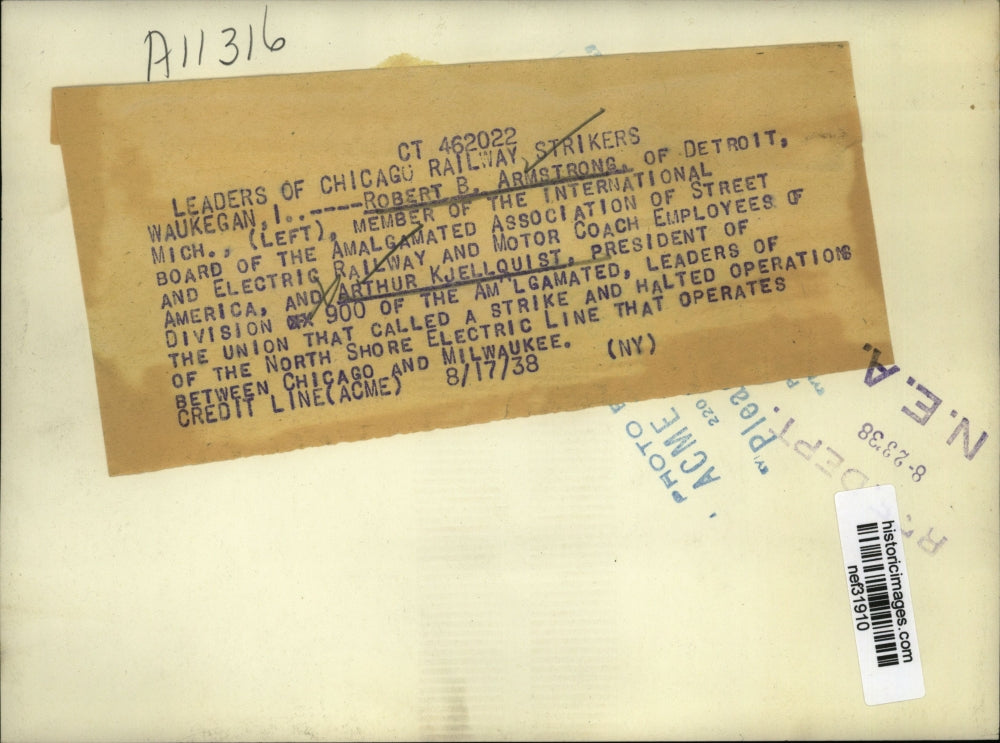 1938 Press Photo Robert B. Armstrong, Arthur Kjellquist, Railroad Strike Leaders