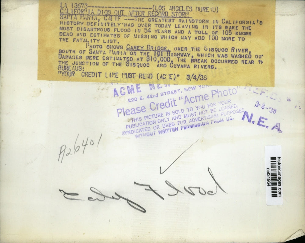 1938 Press Photo Carey Bridge on Sisquoc River Washed Away by Flooding