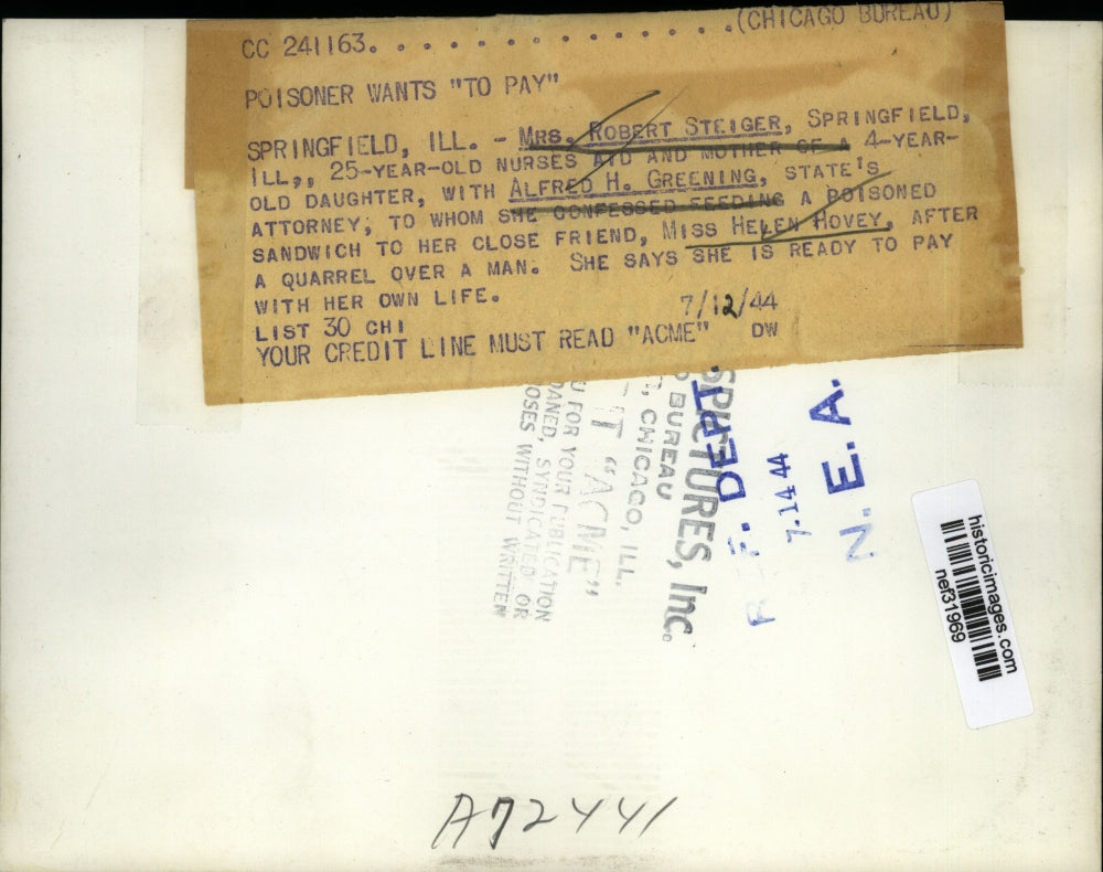 1944 Press Photo Mrs Robert Steiger Confesses to Poisoning Helen Hovey, IL