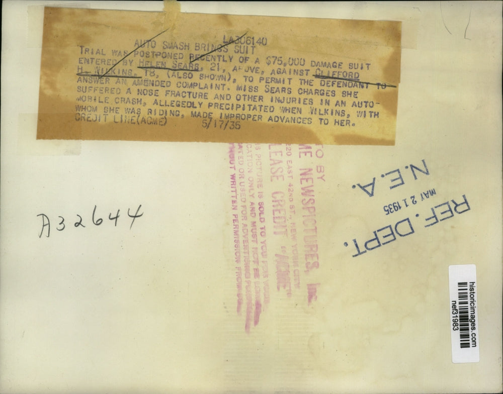 1935 Press Photo Helen Sears Charges Clifford Wilkins in Auto Crash Case