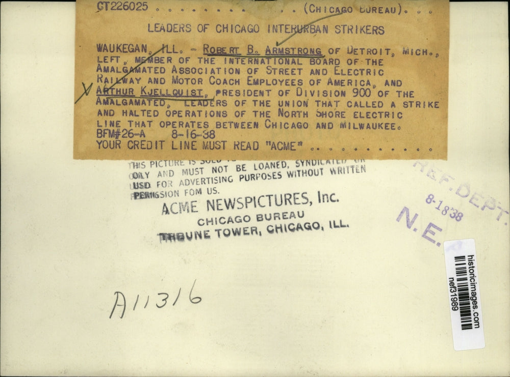 1938 Press Photo Robert Armstrong, Arthur Kjellquist North Shore Electric Strike