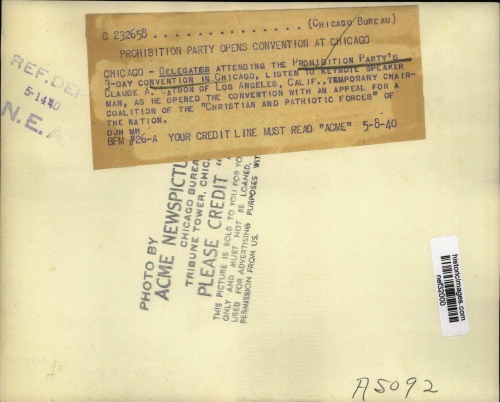 1940 Press Photo Delegates listen to Claude A. Watson at Prohibition convention