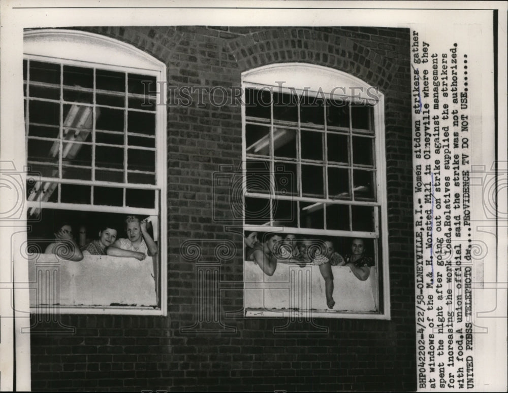 1958 Press Photo Women Sit Down Strike at M.&H. Worsted Mill in Olneyville