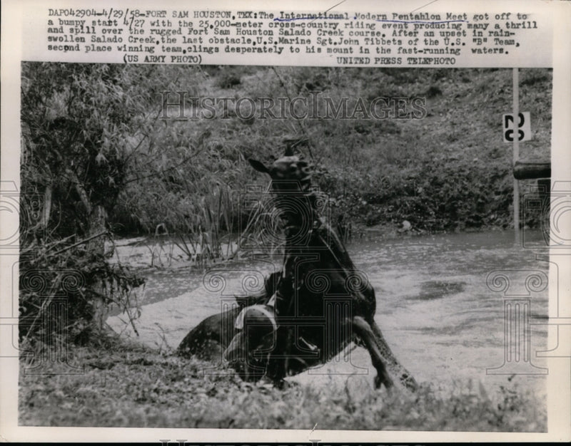 Load image into Gallery viewer, 1958 Press Photo Sam Houston, TX- Int'l Modern Pentahlon off to Bumpy Start
