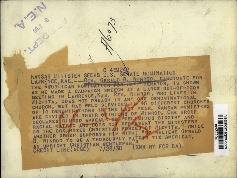 1938 Press Photo Pastor Gerald B. Winrod Campaign Speech in Lawrence, Kansas