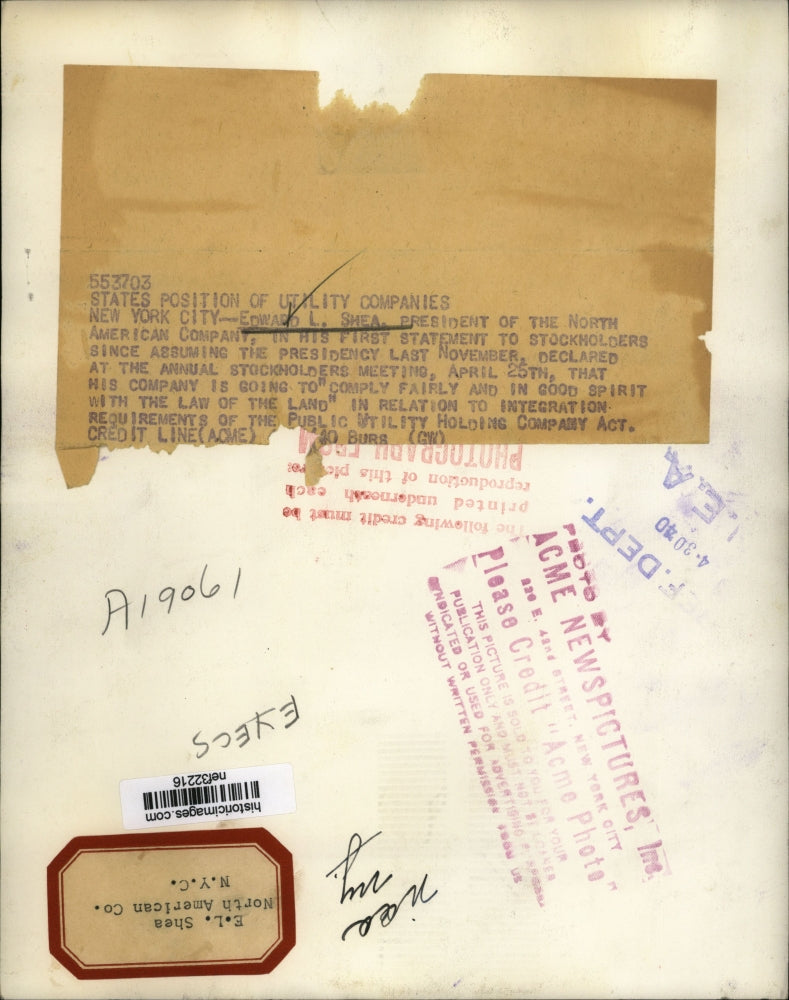 1940 Press Photo Edward L. Shea of North American Stock company - nef32216