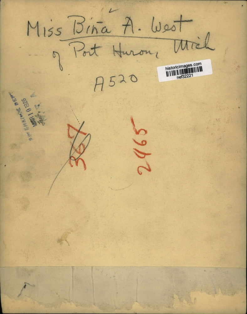 1926 Press Photo Bina A. West of Port Huron, Michigan - nef32221