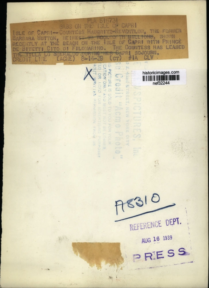 1939 Press Photo Countess Haugwitz-Reventlow With Prince De Bitetti - nef32244