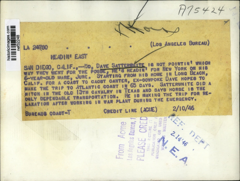 1946 Press Photo San Diego, CA- Dave Satterwhite Plans 65 Day Trip to Coast