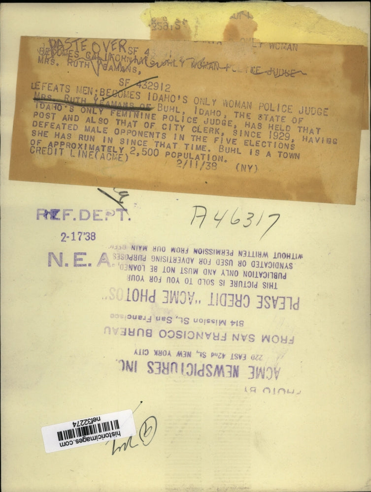 1938 Press Photo Mrs. Ruth Yeamans of Buhl, ID, is Only Police Judge Since 1929