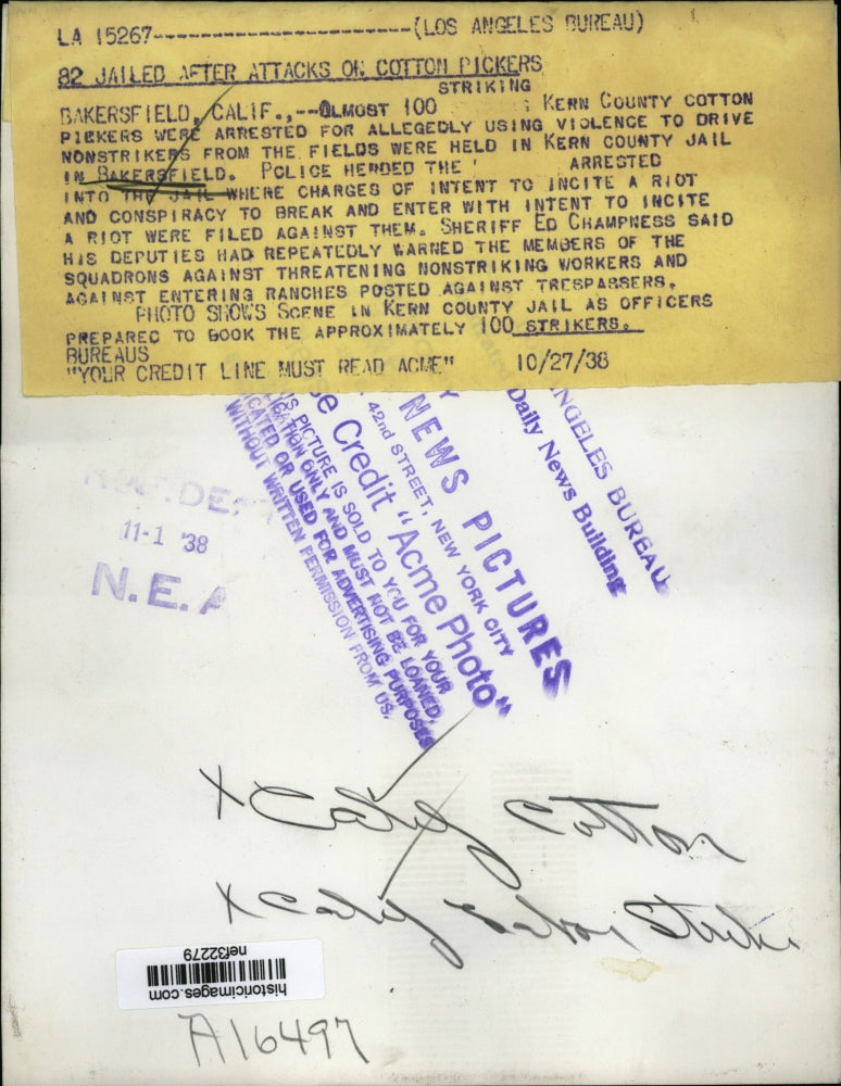 1938 Press Photo 82 Jailed in Kern County, CA, After Cotton Pickers Attacked