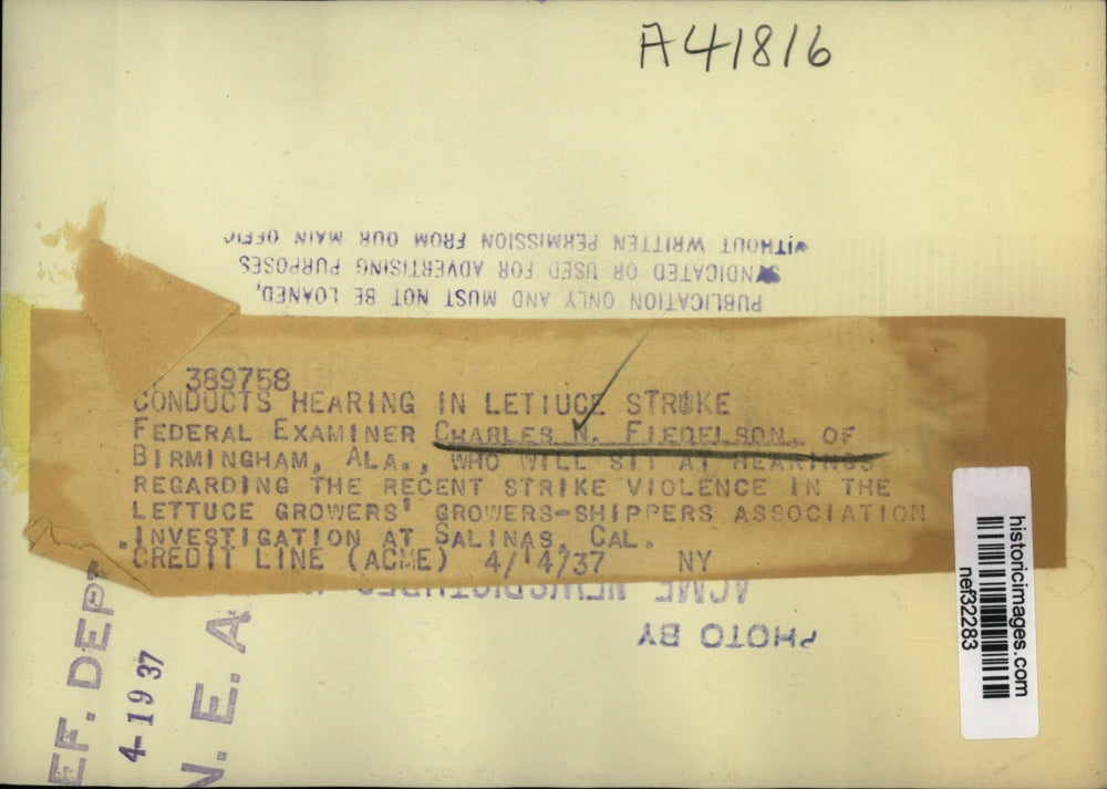 1937 Press Photo Charles N. Fiedelson in Hearing Over Violence in Lettuce Assoc.