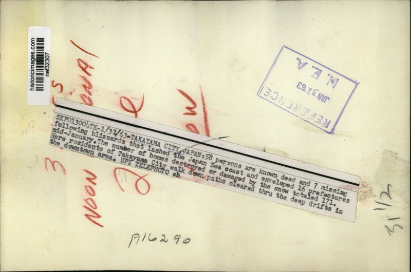 Load image into Gallery viewer, 1963 Press Photo Takayama, Japan- 58 Dead, 7 Missing Following Mass Blizzards
