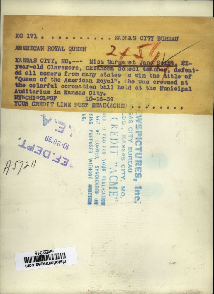 1939 Press Photo Ms. Margaret Jane Swift from OK wins Queen of American Royal