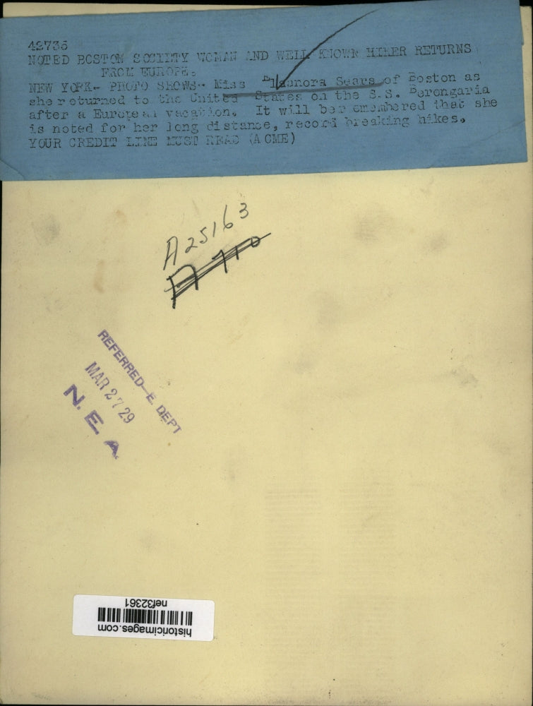 1929 Press Photo Eleanora Sears Arriving in New York on SS Berengaria