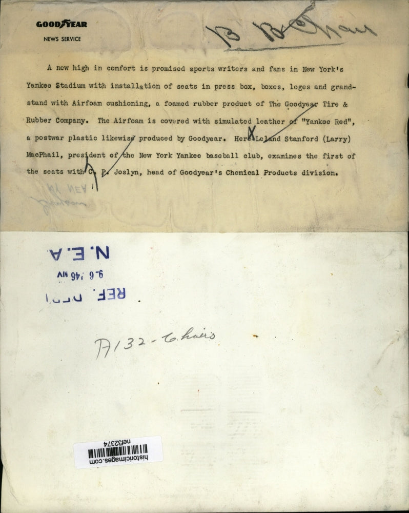 1946 Press Photo Goodyear Airfoam cushioned Seat for Yankee Stadium Demo