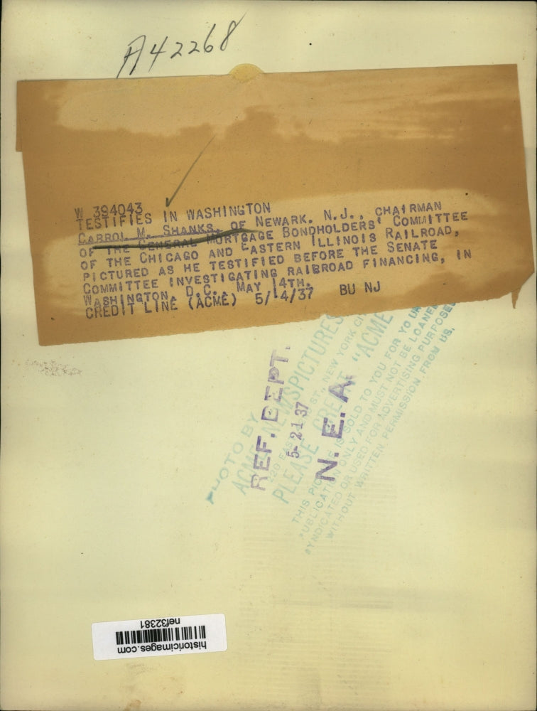 1937 Press Photo Carroll M. Shanks at Senate Railroad Financing Hearing