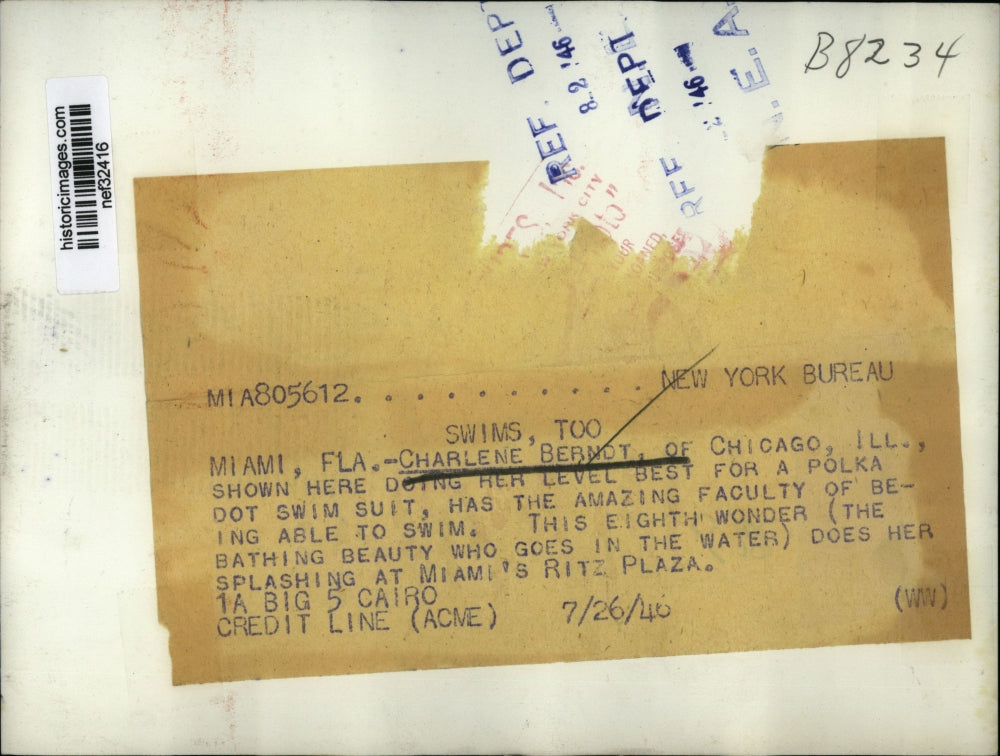 1946 Press Photo Charlene Berndt at Miami Ritz Plaza - nef32416