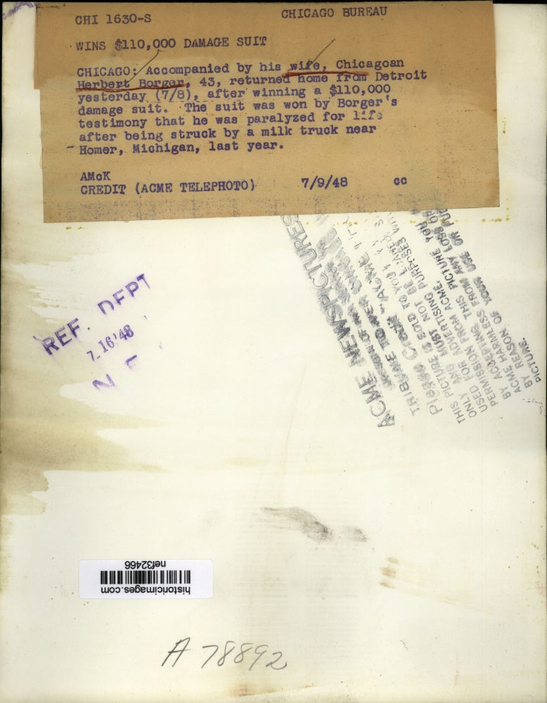 1948 Press Photo Herbert Borger, Wife Return to Chicago after Detroit Law Suit