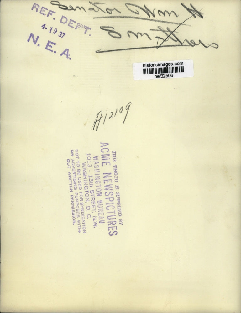 1937 Press Photo Senator William Smathers of New Jersey - nef32506