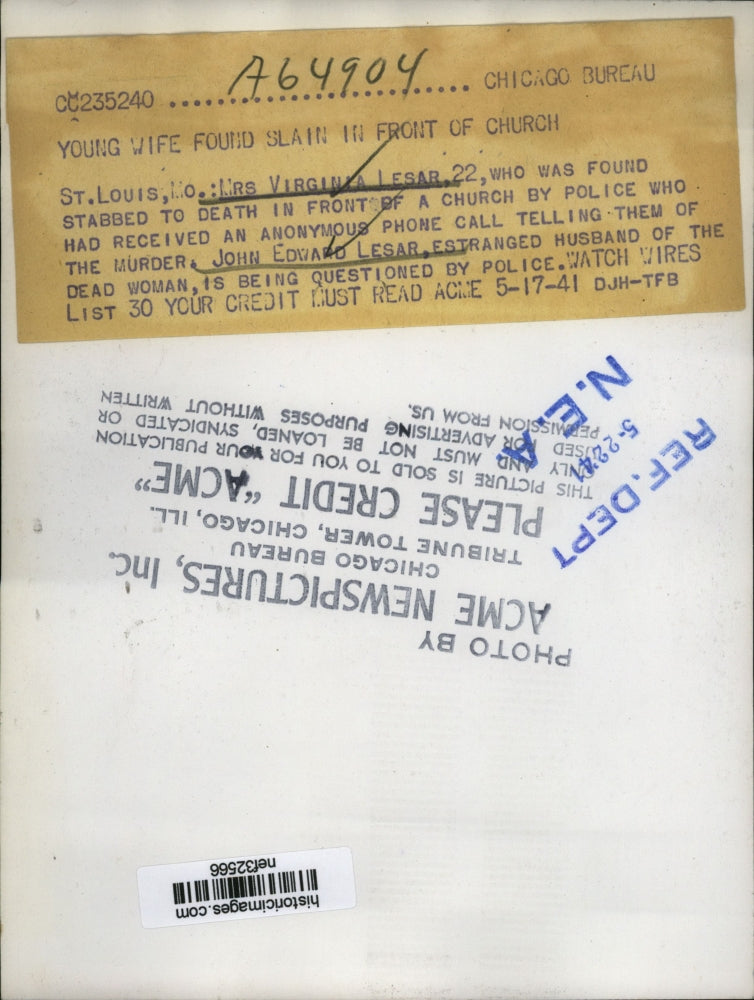 1941 Press Photo Virginia Lesar of Saint Louis Murdered by Husband - nef32566