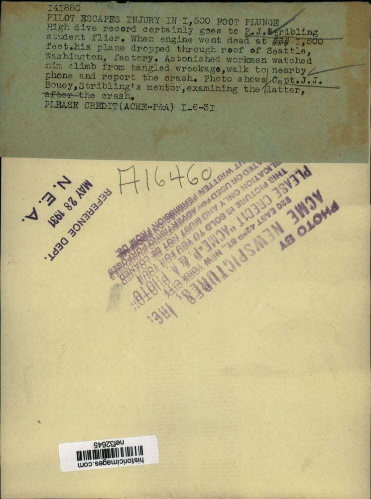 1931 Press Photo P.J Stribling Student Flier Escapes Injury in 1,500 Foot Plunge