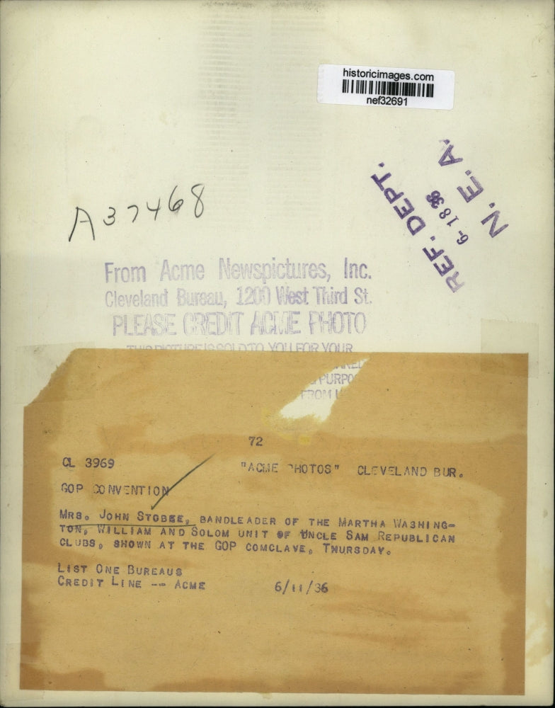 1936 Press Photo Mrs. John Stobee at the Grand Old Party Conclave - nef32691