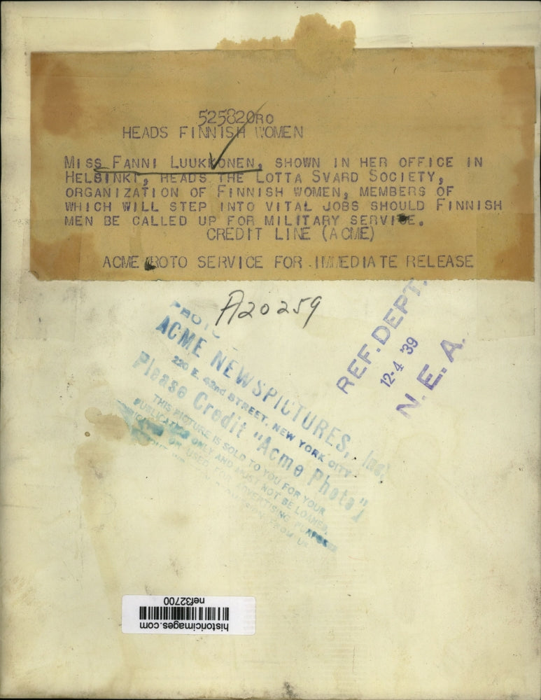 1939 Press Photo Miss Fanni Luukkonen heads the Lott Svard Society - nef32700