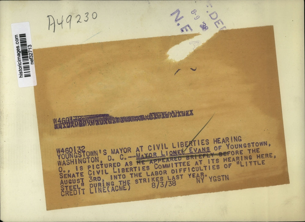 1938 Press Photo Mayor Lionel Evans at Senate civil Liberties Hearing Washington