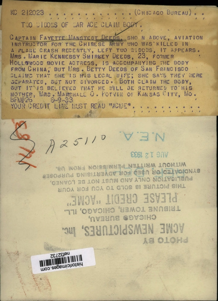 1933 Press Photo Captain Fayette Manstedt Deeds - nef32732