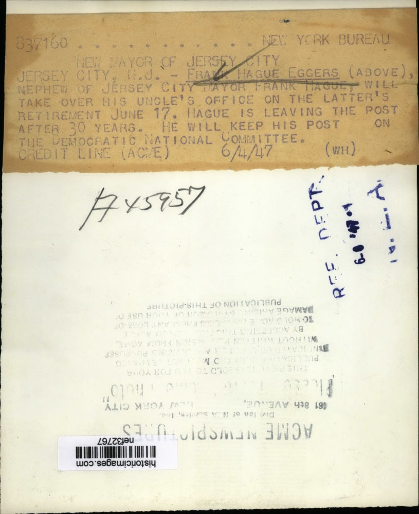 1947 Press Photo Frank Hague Eggers To Take Over Retiring Uncle's Office June 7