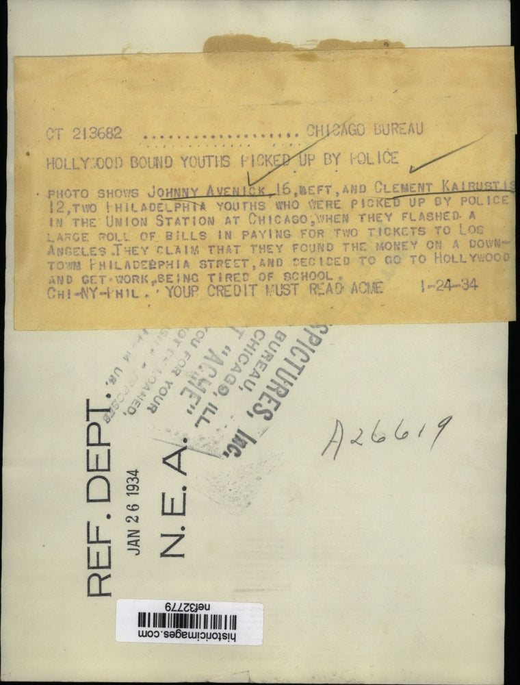 1934 Press Photo Johnny Avenick, Clement Kairustis, Philadelphia Runaways