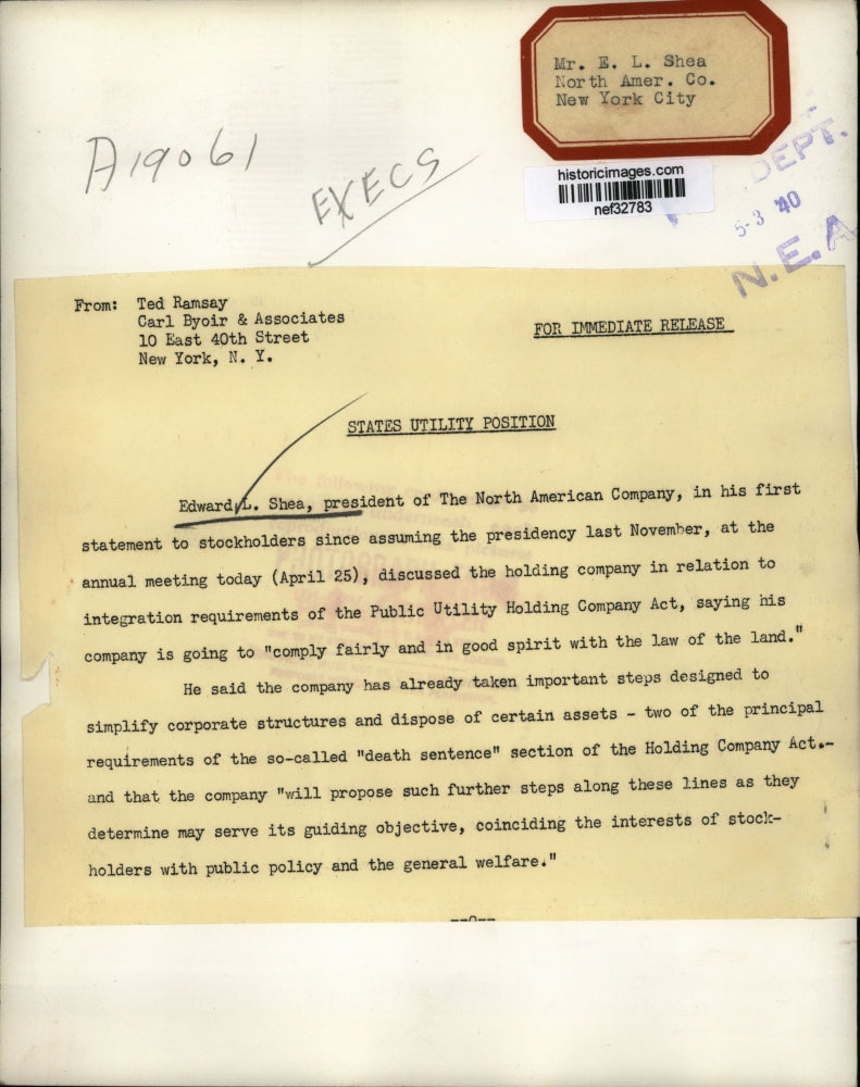 1940 Press Photo Edward L. Shea of North American company - nef32783