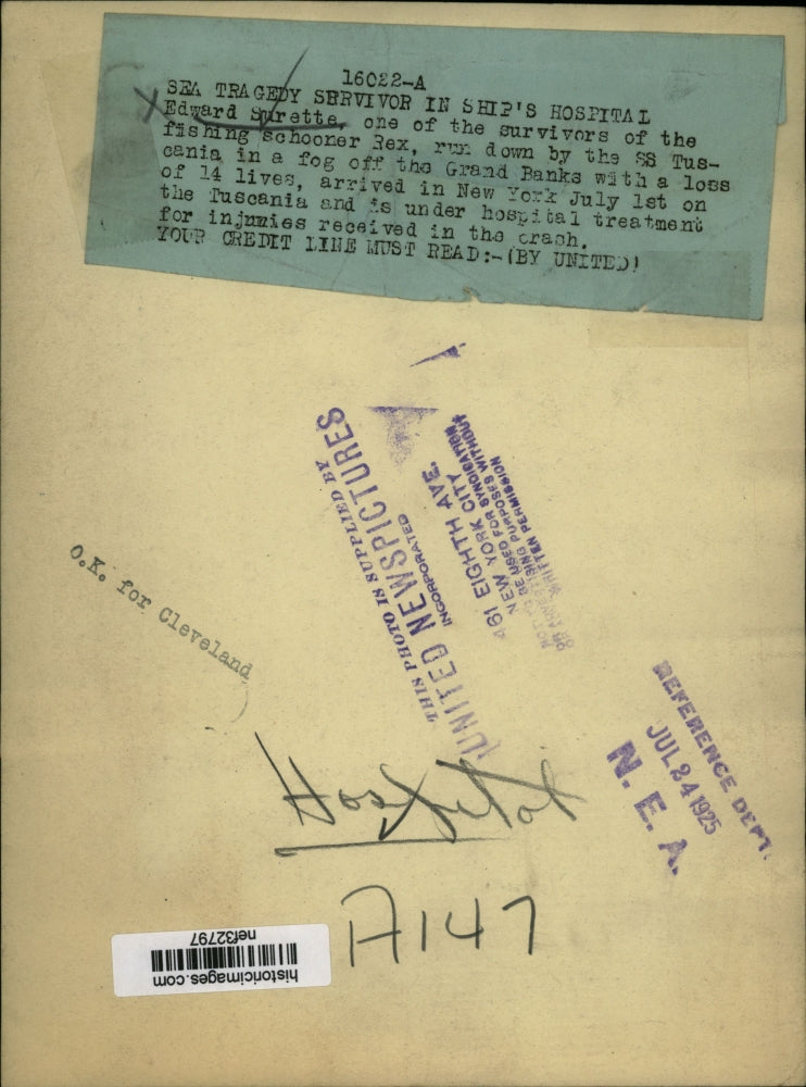 1925 Press Photo Edward Surette in New York hospital for injuries from crash