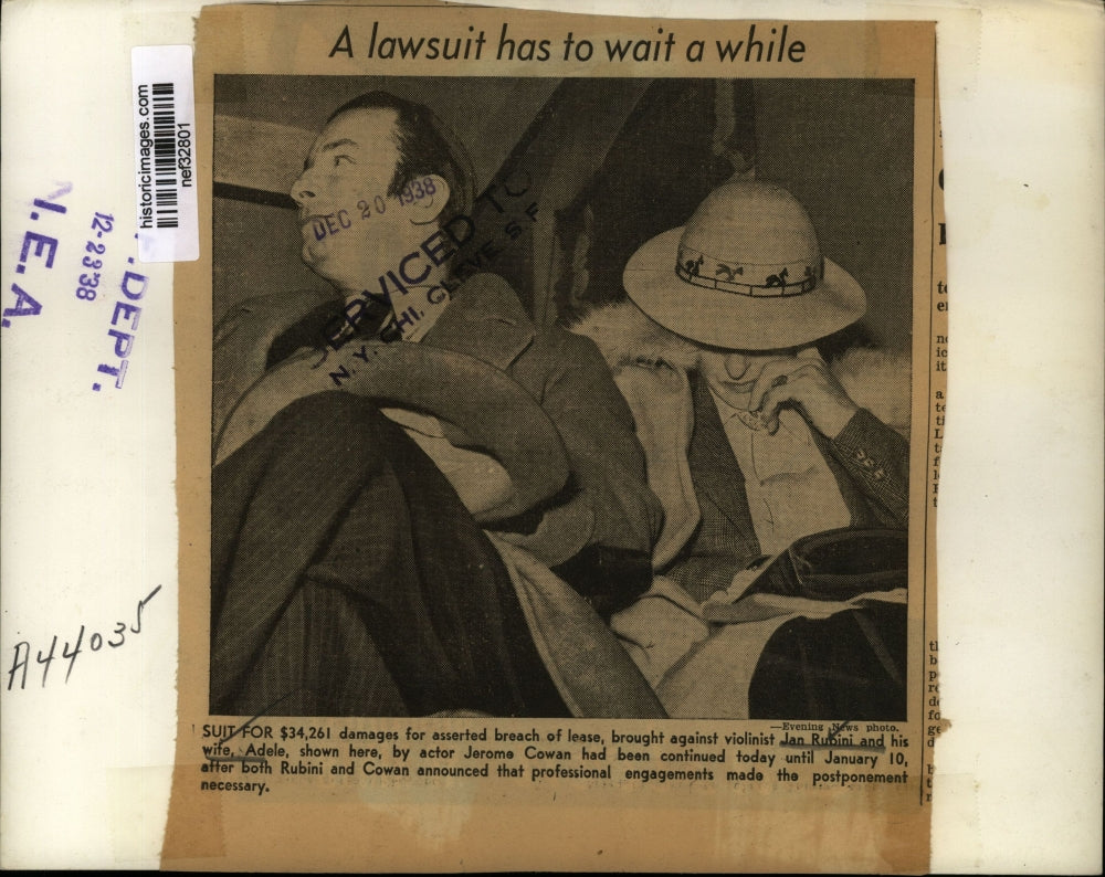 1938 Press Photo Adele and Jan Rubini in Lease Lawsuit with Jerome Cowan