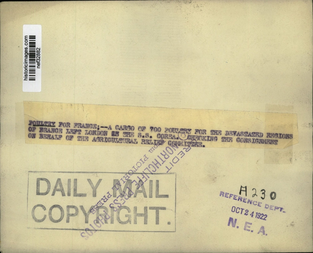 1922 Press Photo S.S. Corea Sails to France with Poultry Cargo - nef32882