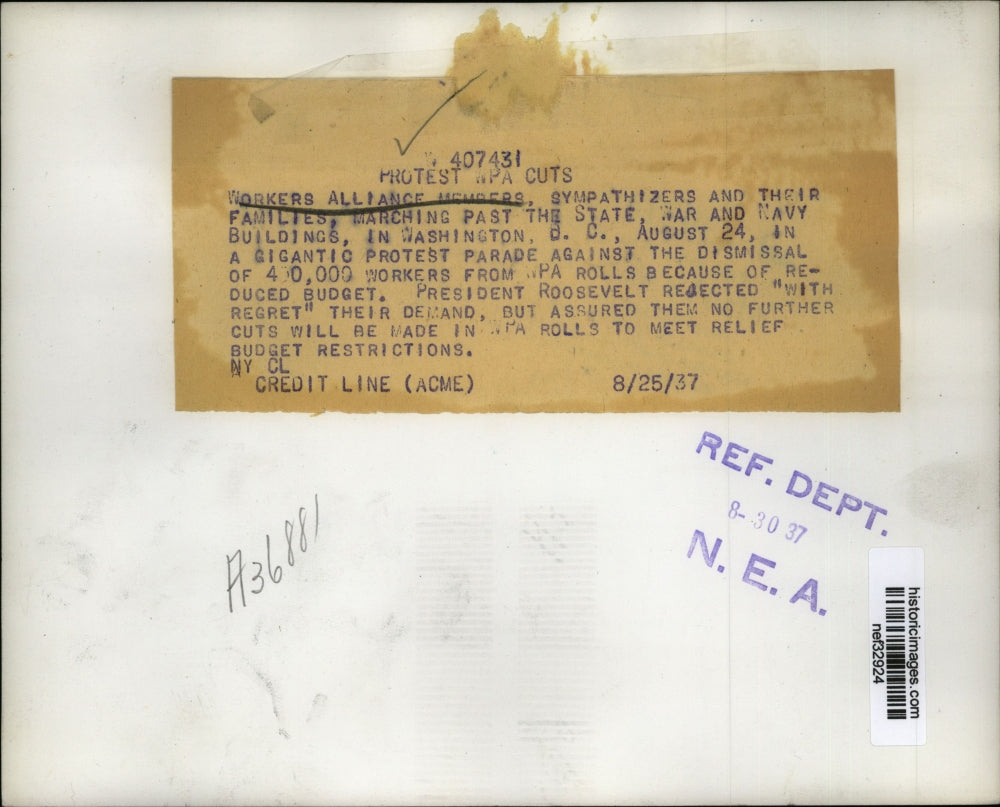 1937 Press Photo Workers Alliance Members Marching in Washington, DC - nef32924