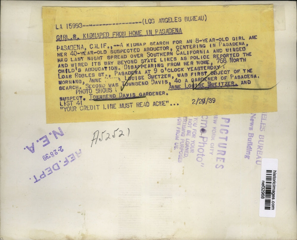 1939 Press Photo Townsend Davis Gardener Suspected of Pasadena Kidnapping