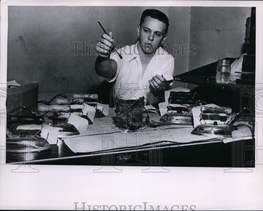 1955 Press Photo Employee Pasting Photos Onto Passports - nef33031