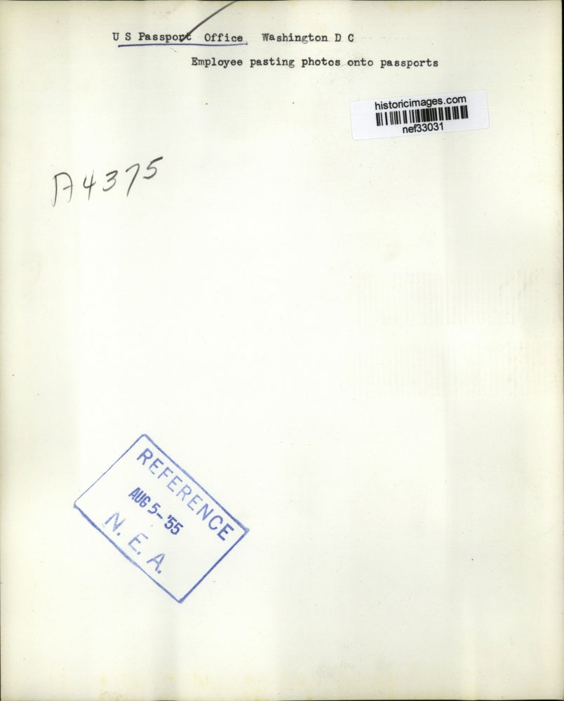 1955 Press Photo Employee Pasting Photos Onto Passports - nef33031
