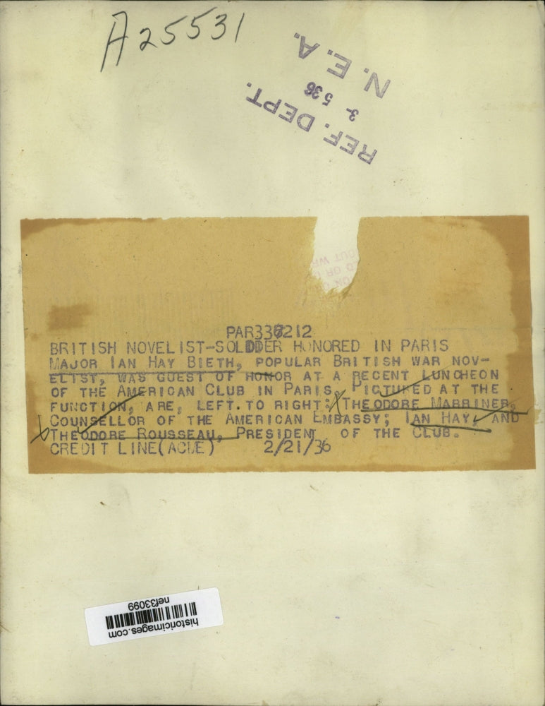 1936 Press Photo Major Ian Hay Bieth Guest of Honor at Recent Luncheon