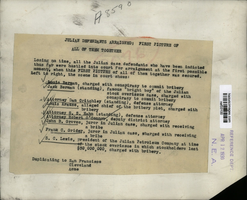 1930 Press Photo First Picture of All Julian Defendants Arraigned - nef33100