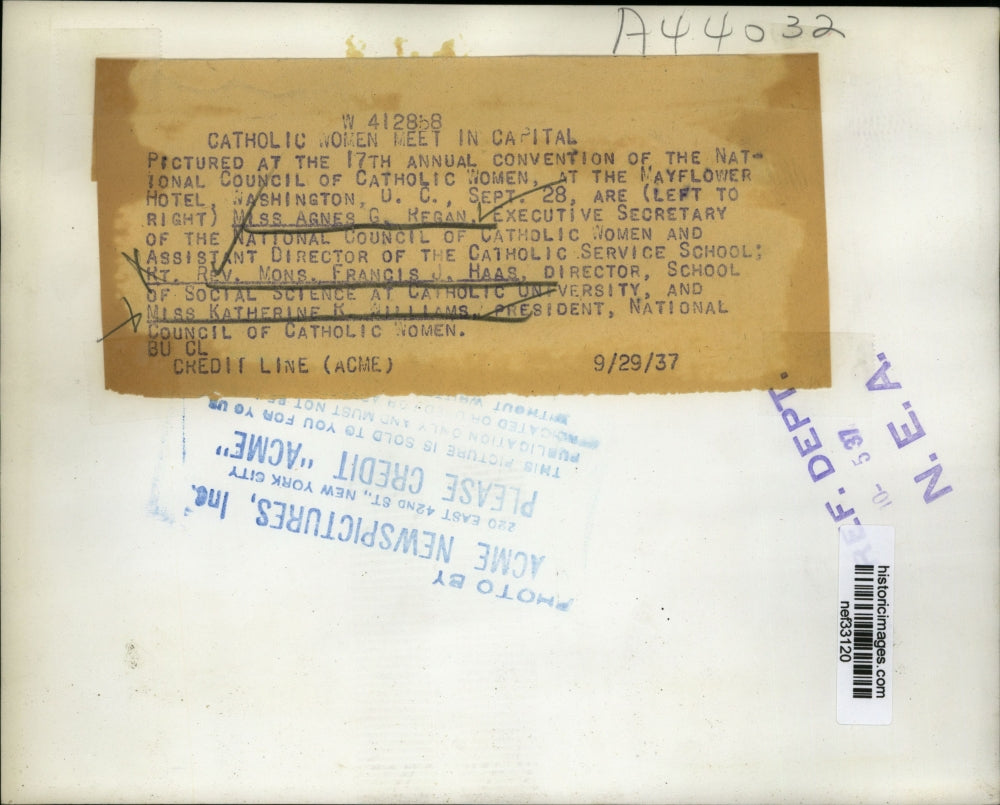 1937 Press Photo Agnes Regan Sec of Council Catholic Women, Rev Haas