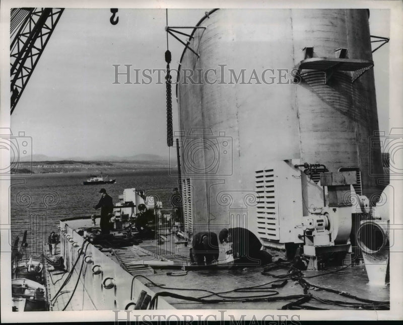 Load image into Gallery viewer, 1955 Press Photo Construction Complete on New Car Ferry at Shipyard Lauzon Quebe
