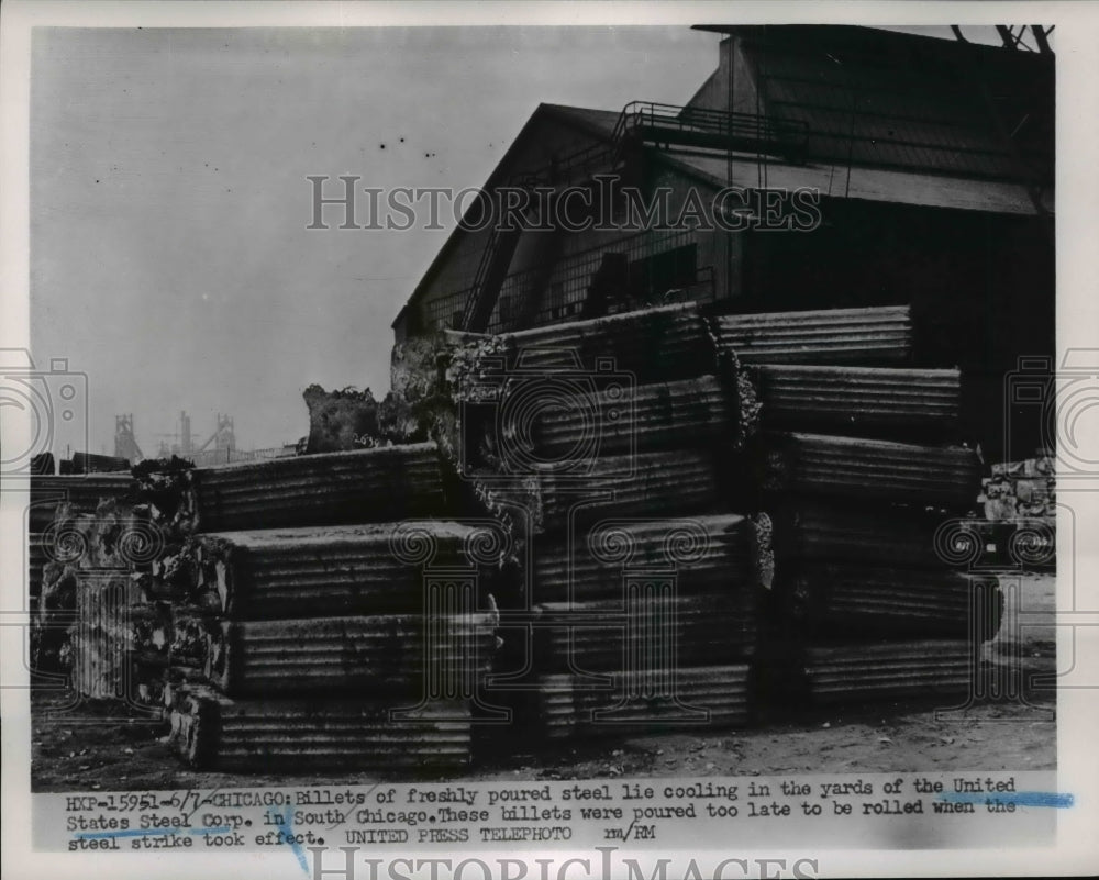 1952 Press Photo Billets lie cooling in the yards of U.S. Steel Corp in Chicago