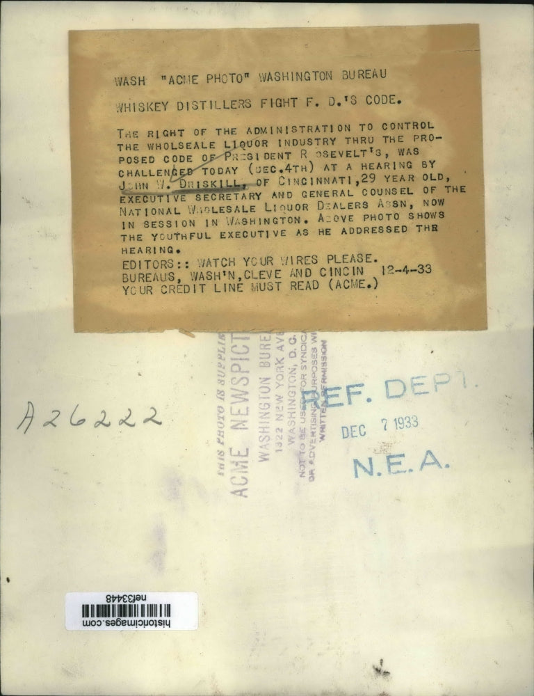 1933 Press Photo John W. Driskill at Washington Liquor Hearing - nef33448