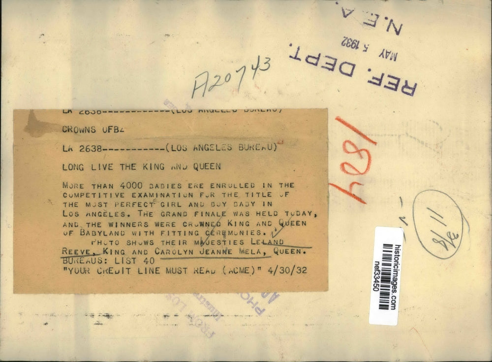 1932 Press Photo Leland Reeve, Carolyn Jeanne Mela, King & queen of Babyland