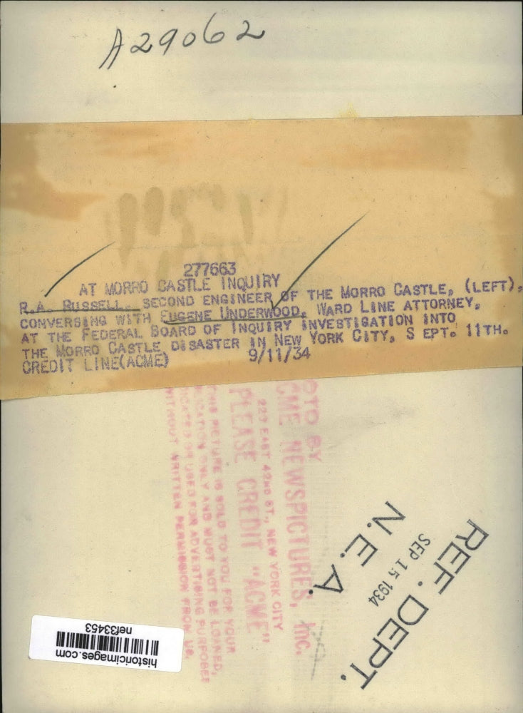 1934 Press Photo R.A. Russell, Eugene Underwood at Morro Castle Inquiry, NY