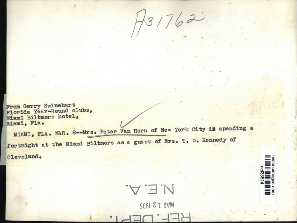 1935 Press Photo Mrs. Peter Van Horn at Miami biltmore Hotel - nef33514