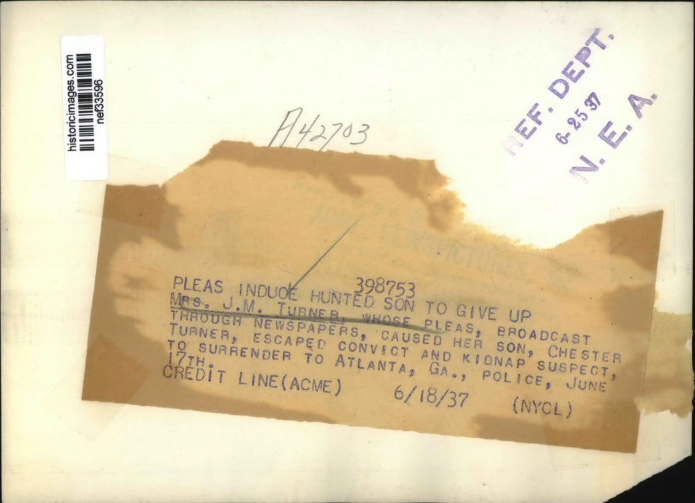 1937 Press Photo Mrs. J.M. Turner, Mother of Escaped convict chester Turner